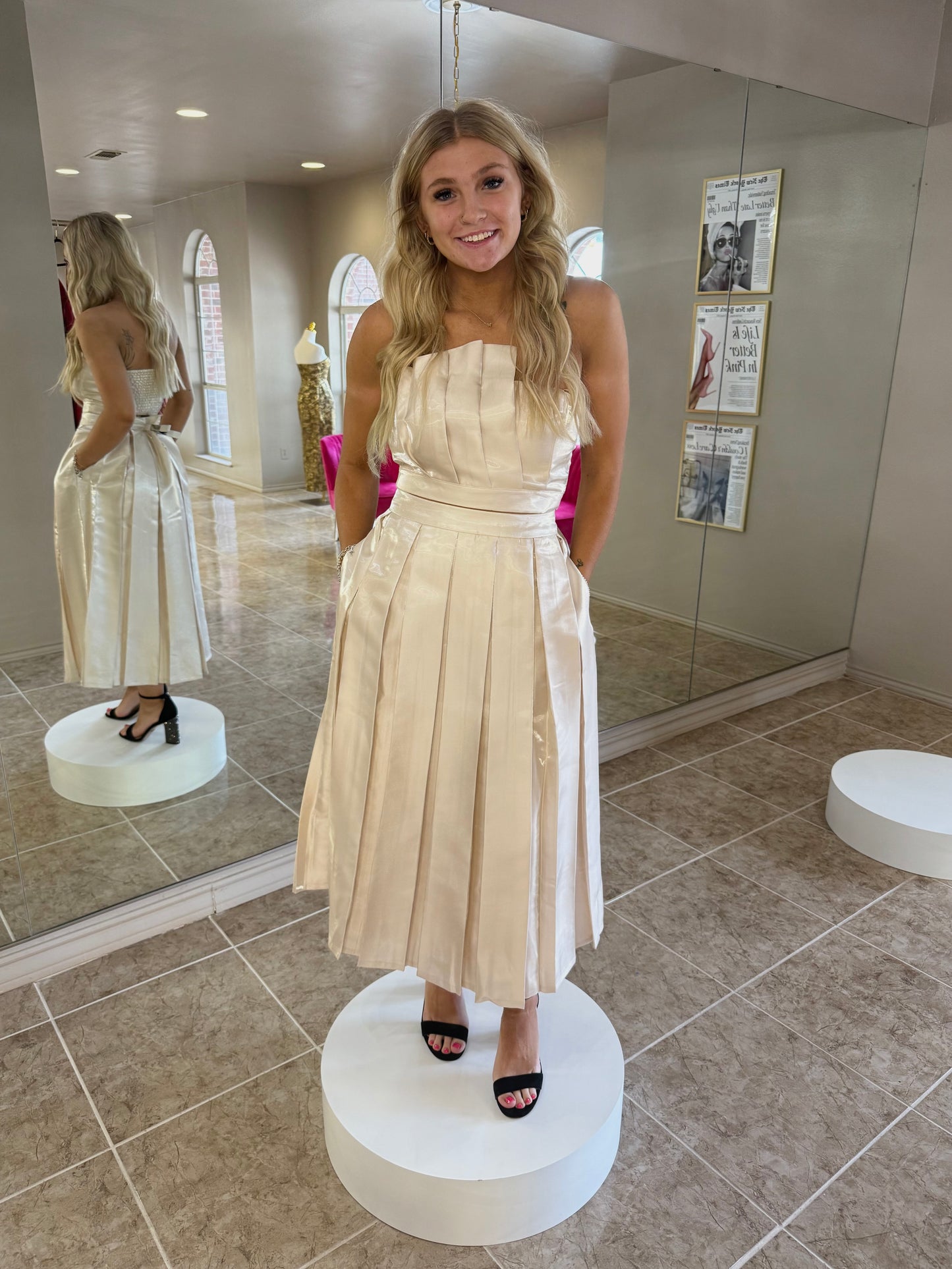 Pleated Midi Skirt/ Strapless Top Set