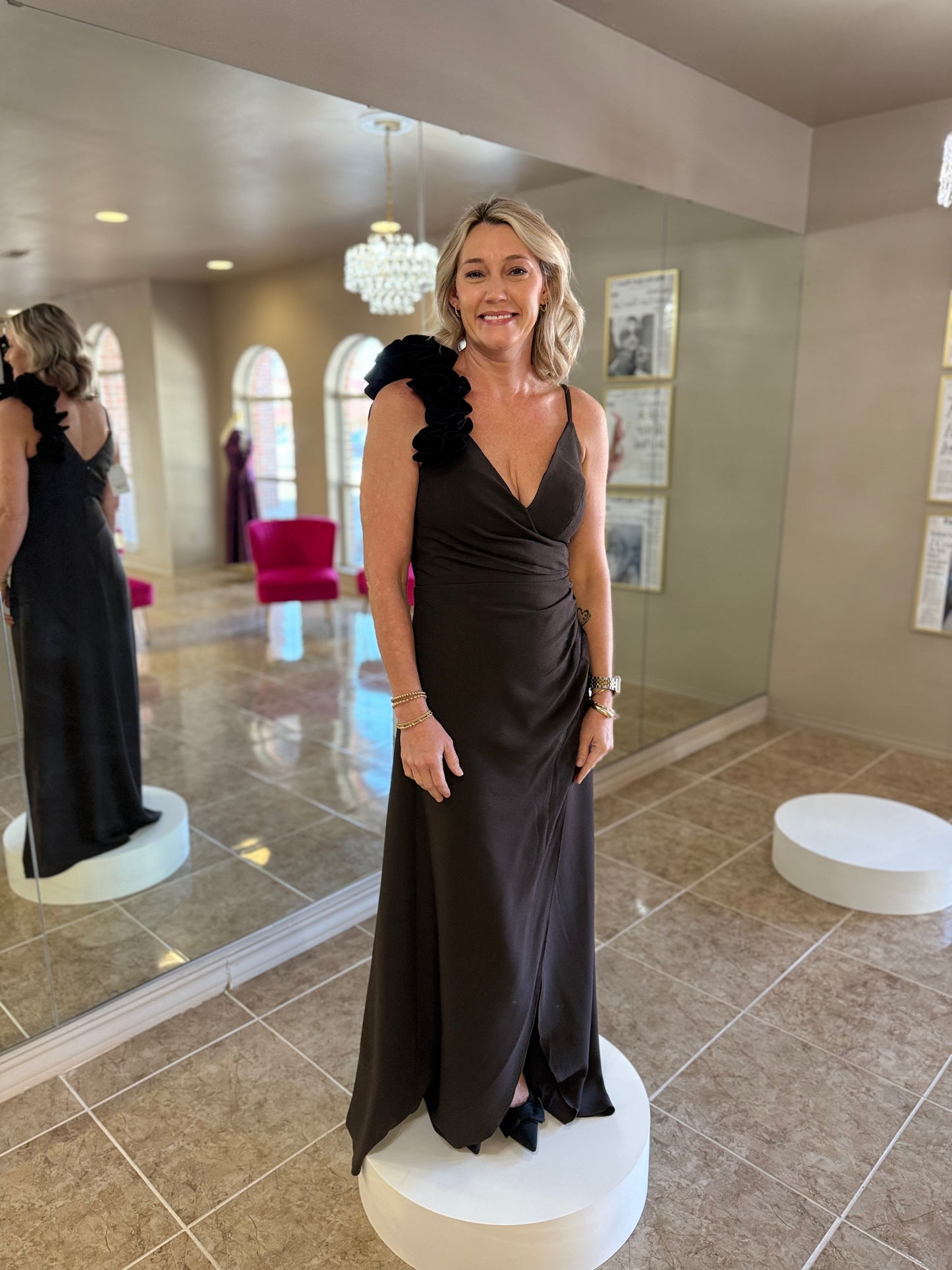 Camelia Crepe Ruffle Gown