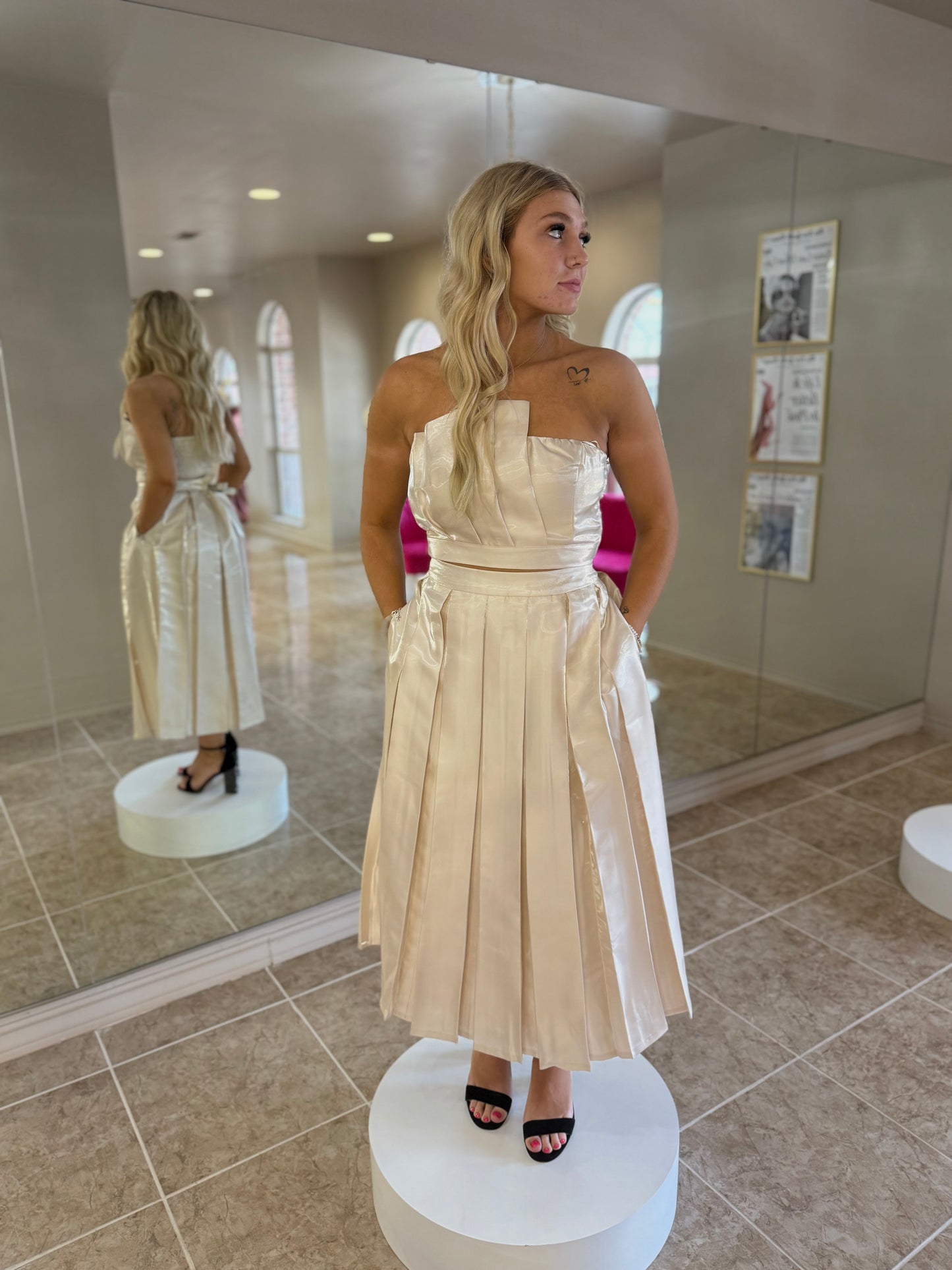 Pleated Midi Skirt/ Strapless Top Set