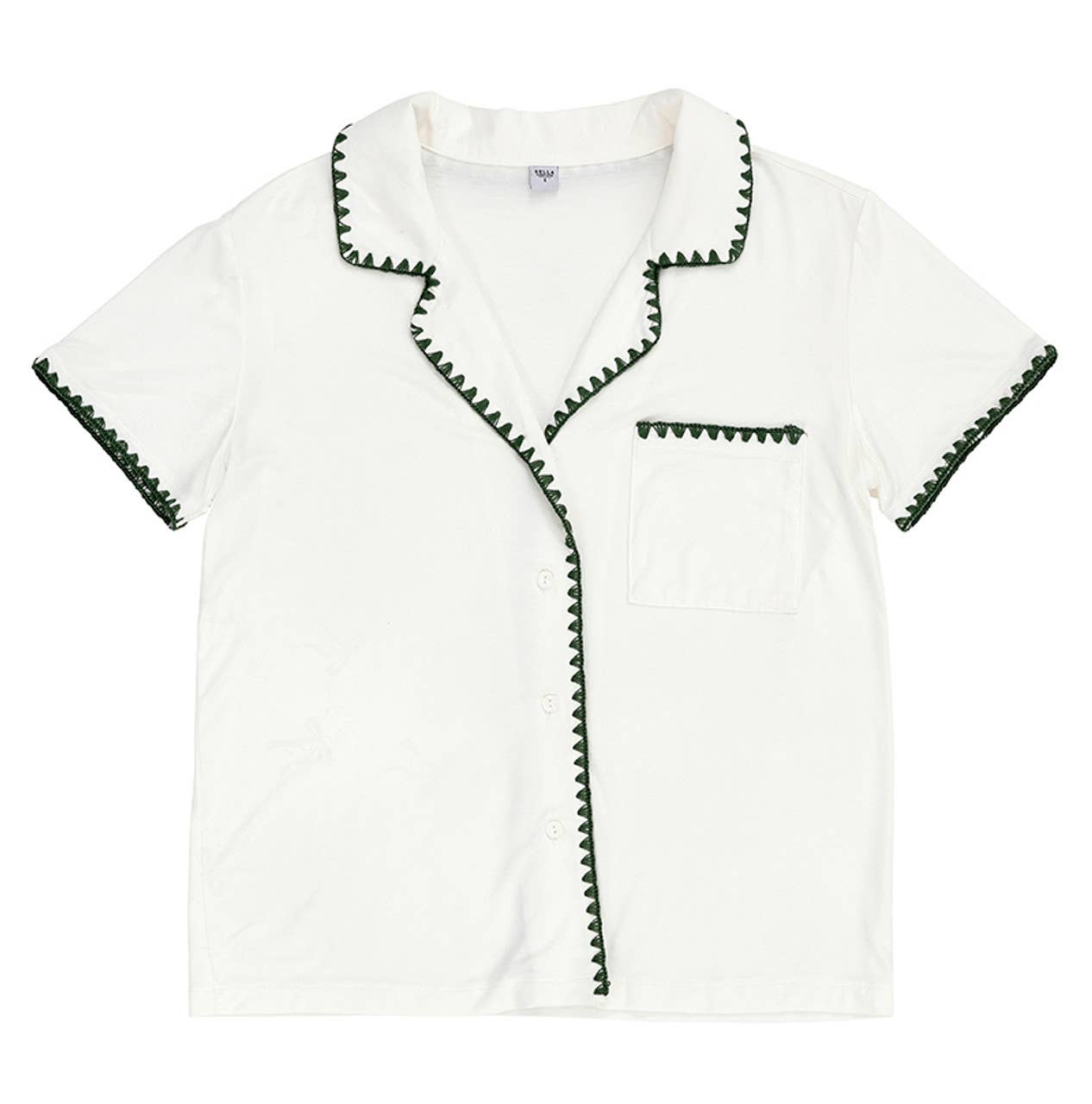 Short Bamboo PJ Set - White + Forest Green Whip Stitch