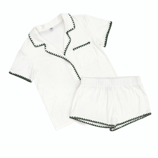 Short Bamboo PJ Set - White + Forest Green Whip Stitch