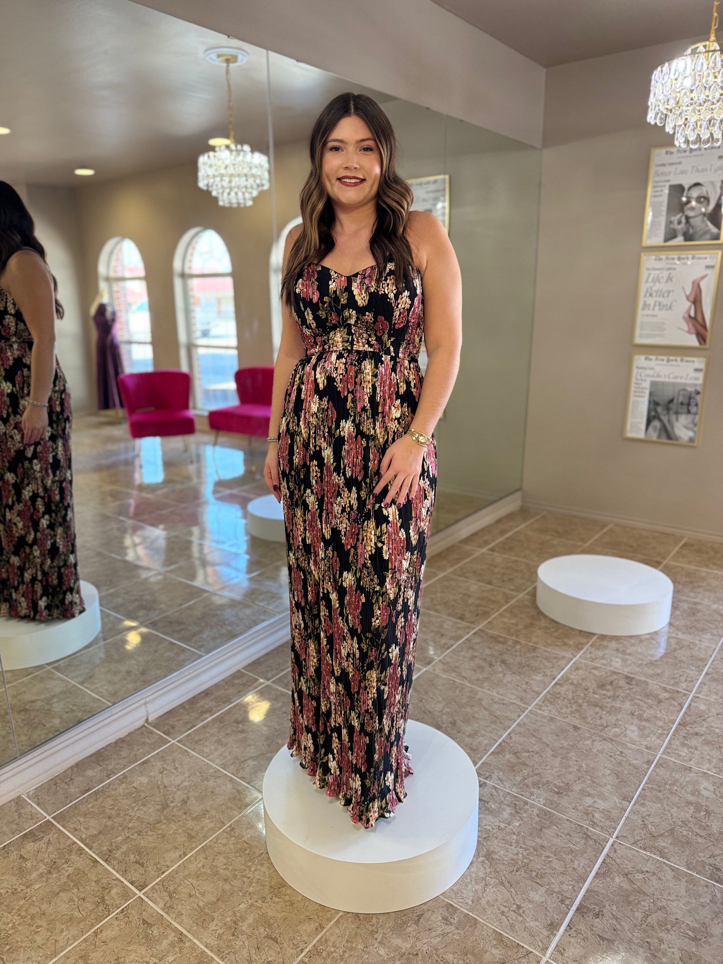 Audrina Pleated Print Strapless Gown