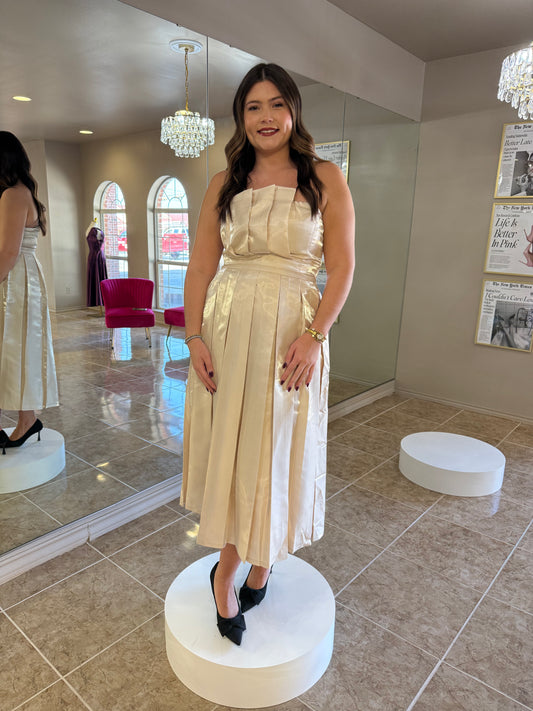 Pleated Midi Skirt/ Strapless Top Set